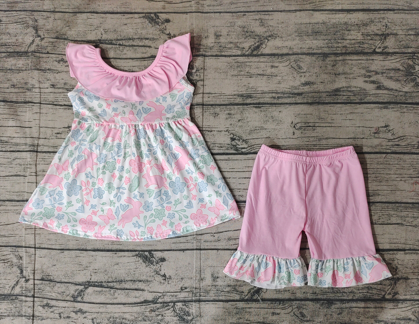 GSSO1881 Baby Girls Pink Easter Rabbits Tunic Ruffle Shorts Clothes Sets D 3.10