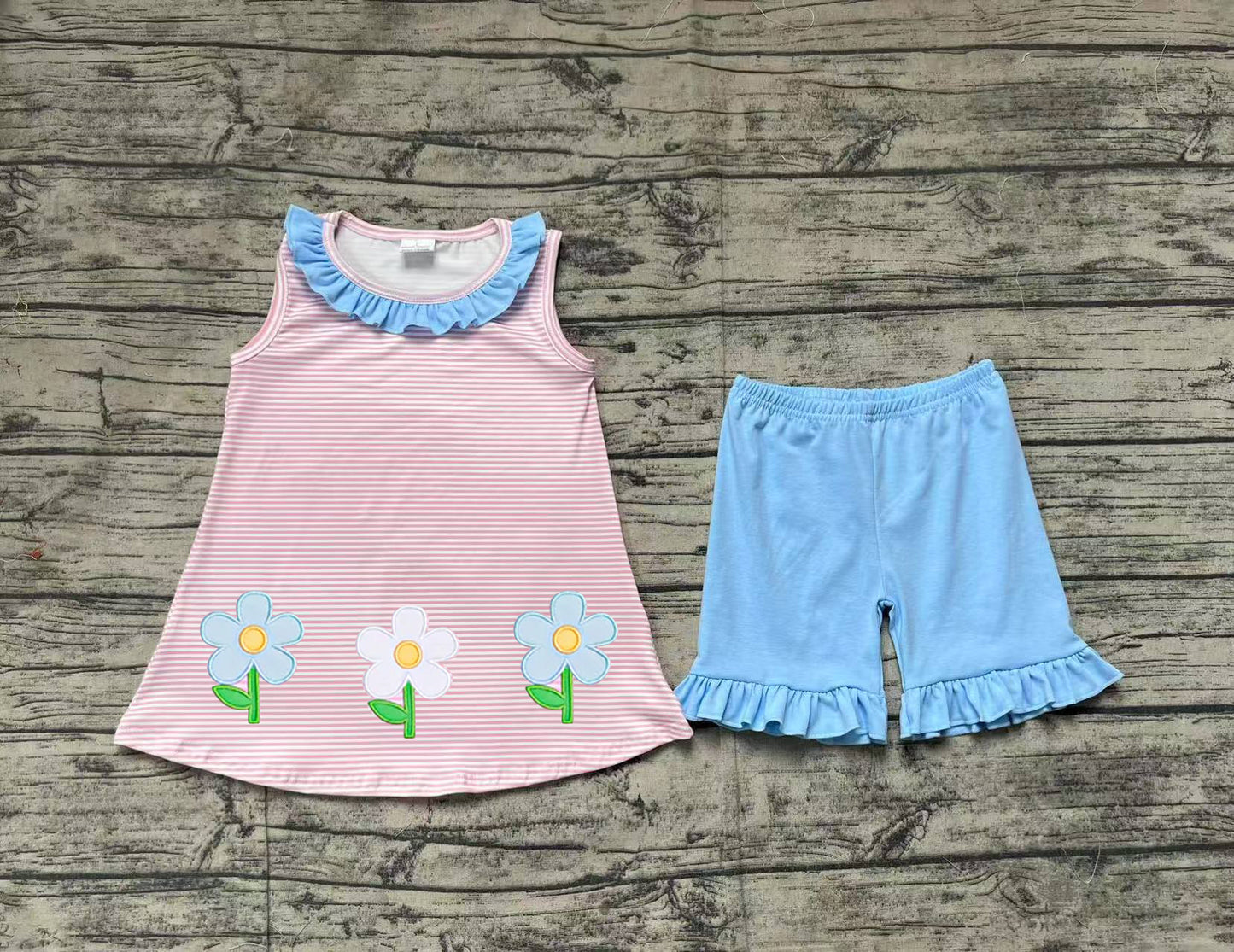 GSSO1895 Embroidery Baby Girls Pink Stripes Flowers Tunic Ruffle Shorts Clothes Sets D 3.27