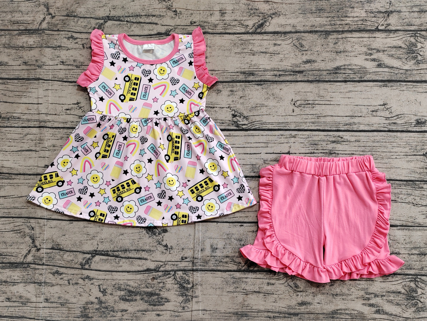 GSSO1912 Baby Girls Bus Back To School Tunic Ruffle Shorts Clothes Sets D 3.14