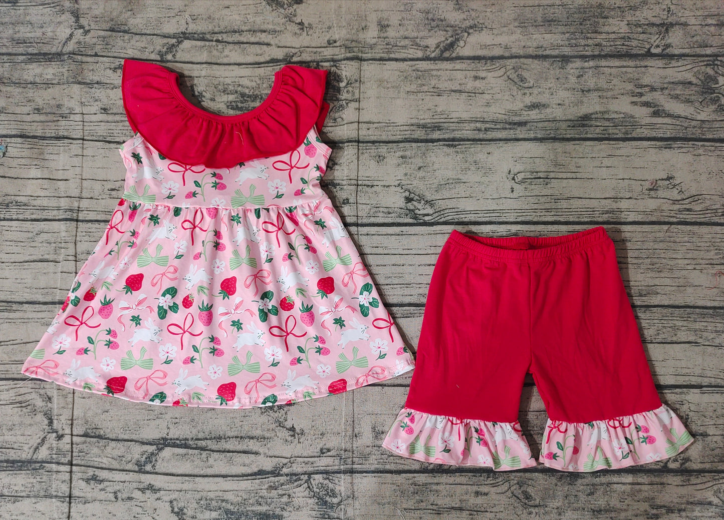 GSSO1914 Baby Girls Strawberry Bows Tunic Ruffle Shorts Clothes Sets D 3.10