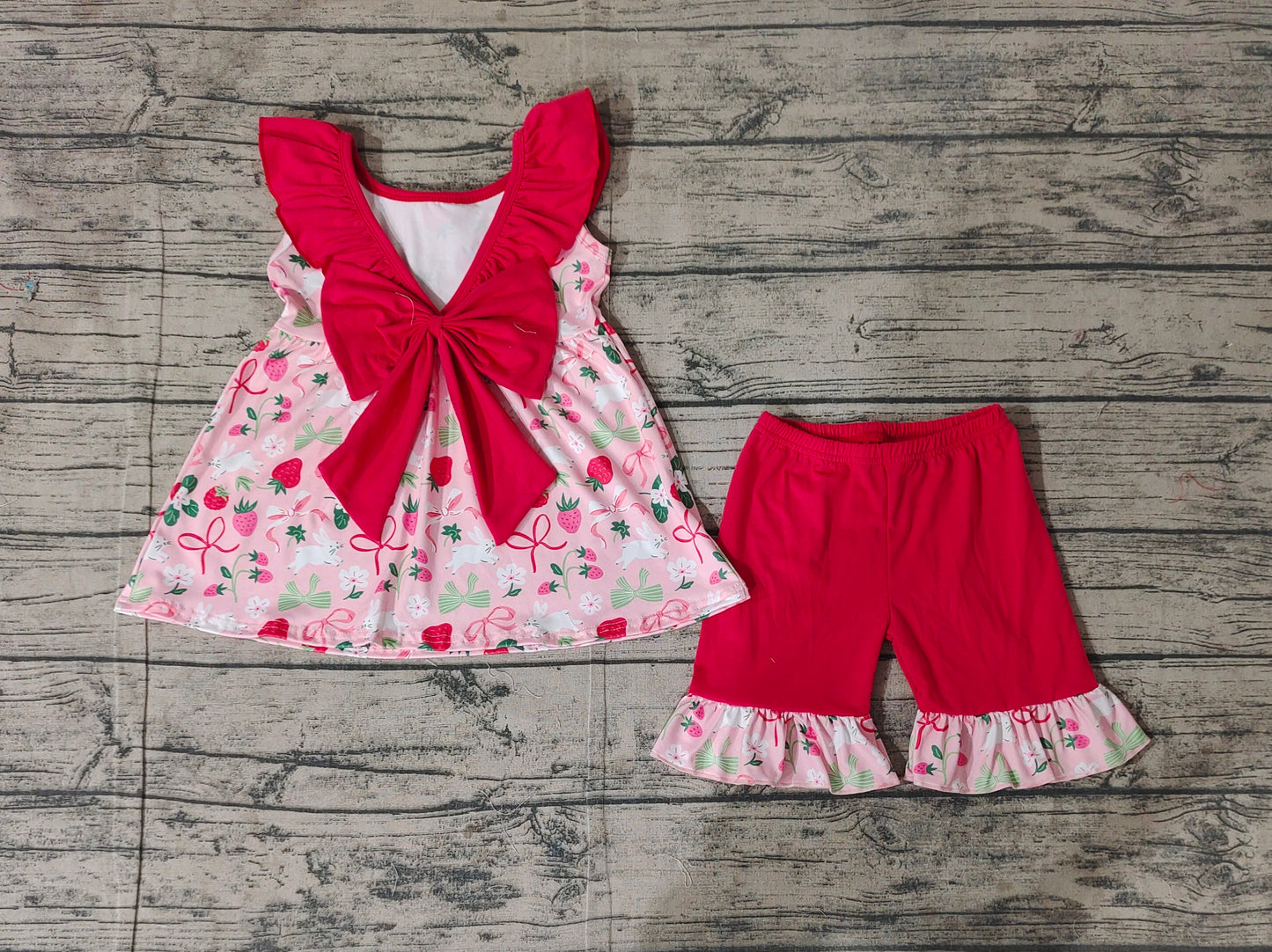 GSSO1914 Baby Girls Strawberry Bows Tunic Ruffle Shorts Clothes Sets D 3.10