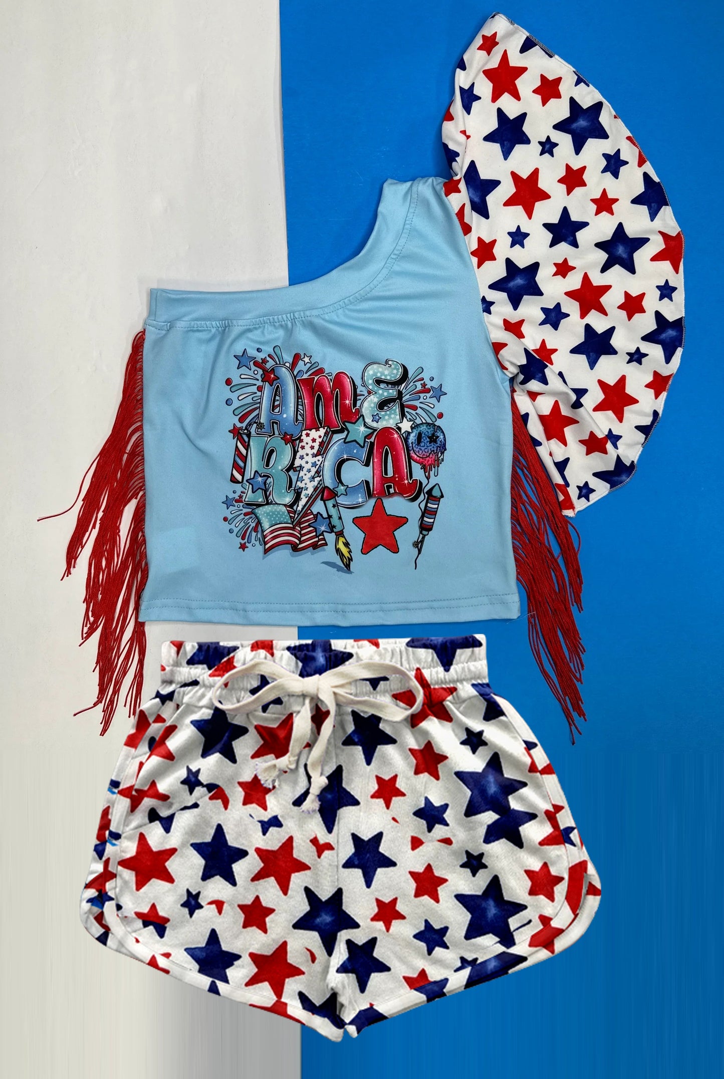 presale GSSO1927 Baby Girls 4th Of July Stars America Fringe Tops Shorts Clothes Sets 2025 1.3