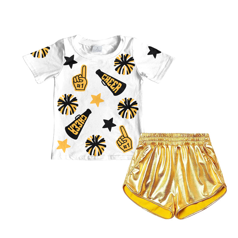 GSSO1936 Baby Girls Cheer Golden Team Tops Leather Shorts Clothes Sets