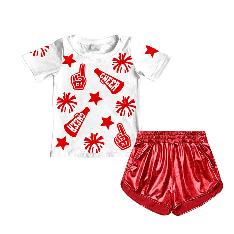 GSSO1937 Baby Girls Cheer Red Team Tops Leather Shorts Clothes Sets D 4.7