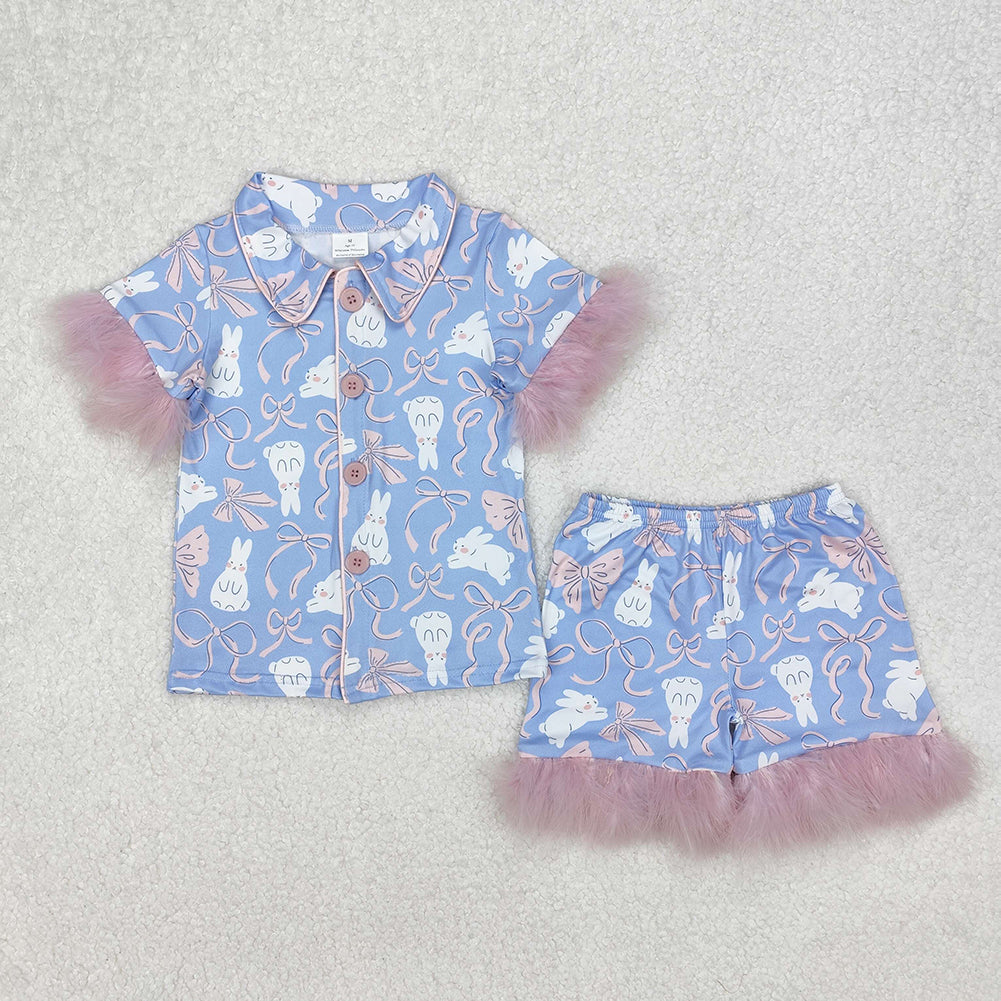 GSSO1946 Easter bunny bow pattern pink plush trim blue short sleeve shorts pajama set D 3.10