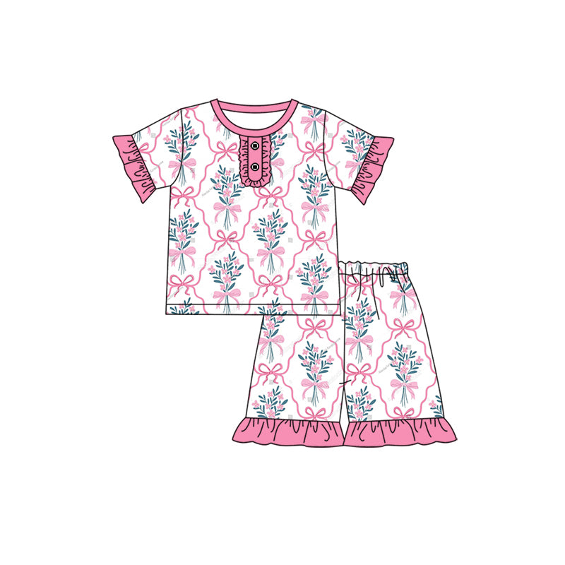 presale GSSO1948 White Plaid Short-sleeved Shorts Pajama Set with Flower and Bowknot Pattern 2025 1.4