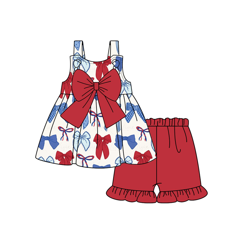 GSSO1952 National Day Bow Pattern Red Lace Sleeveless Shorts Set