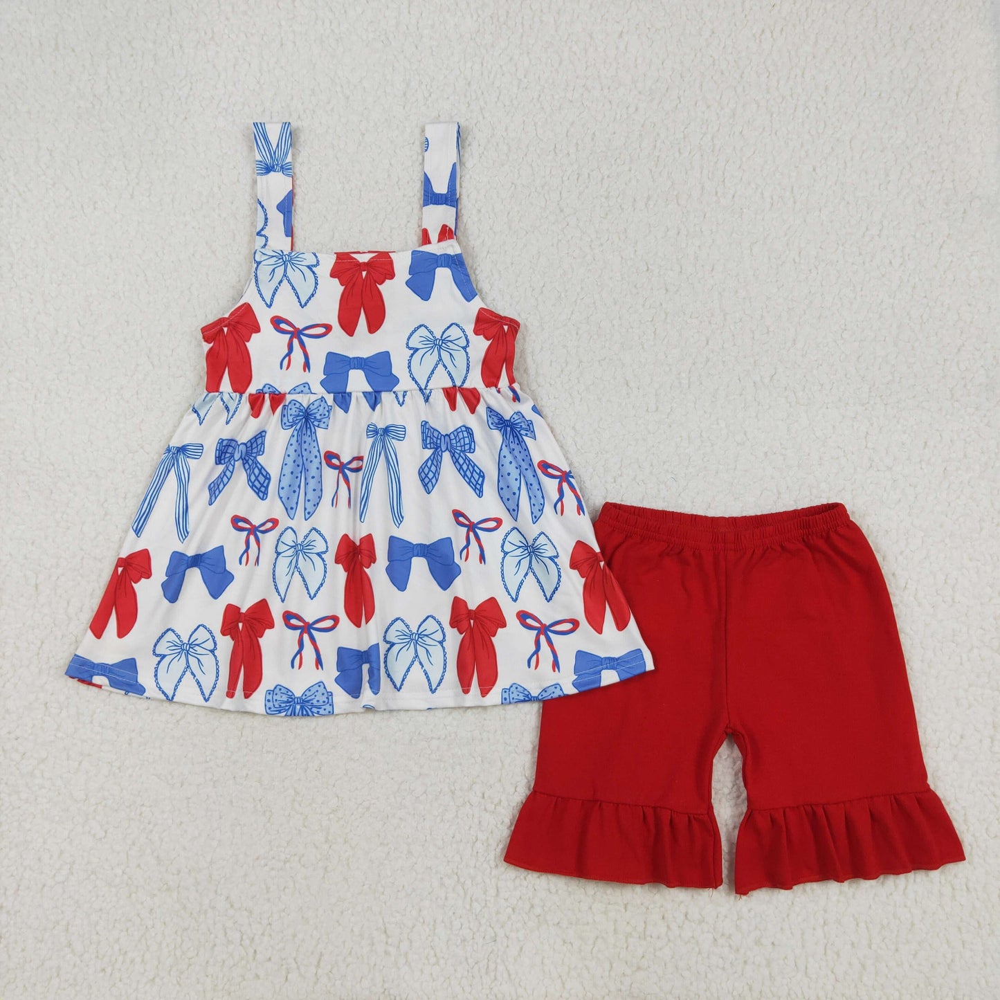 GSSO1952 National Day Bow Pattern Red Lace Sleeveless Shorts Set