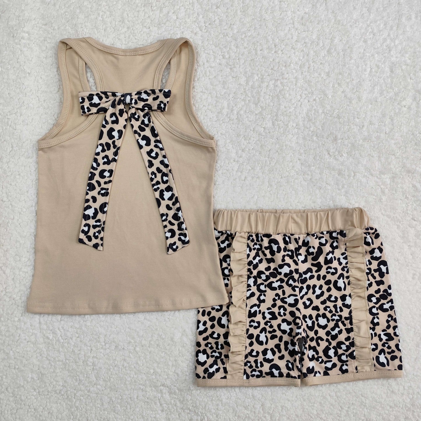 GSSO1979 Baby Girls Khaki Pocket Bow Vest Ruffle Leopard Shorts Sets D 3.3