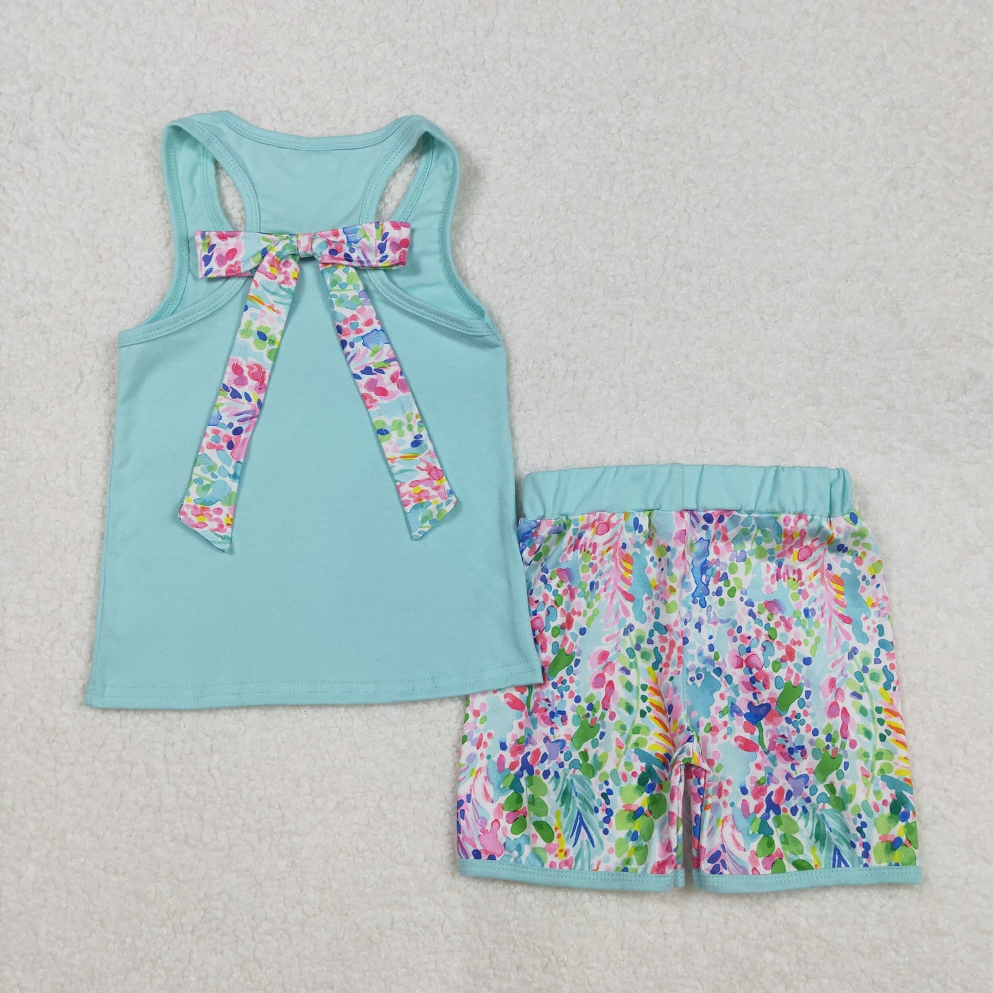 GSSO1982 Baby Girls Aqua Pocket Bow Vest Ruffle Shorts Sets