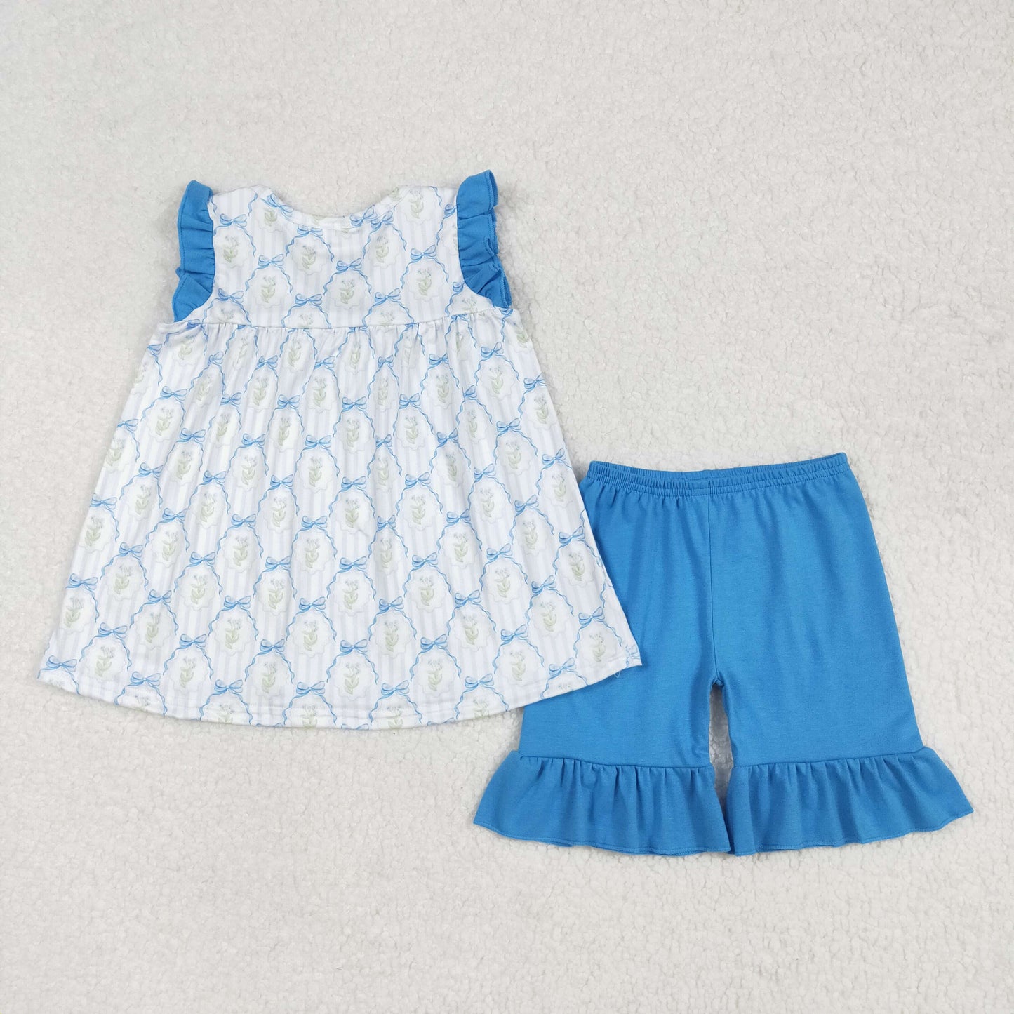 GSSO2004 Baby Girls Blue Bows Flowers Tunic Ruffle Shorts Sets