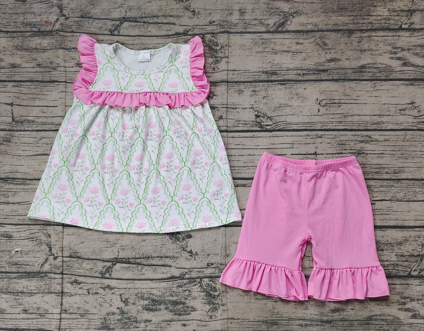 GSSO2013 Baby Girls Green Bows Pink Flowers Tunic Shorts Sets D 4.8