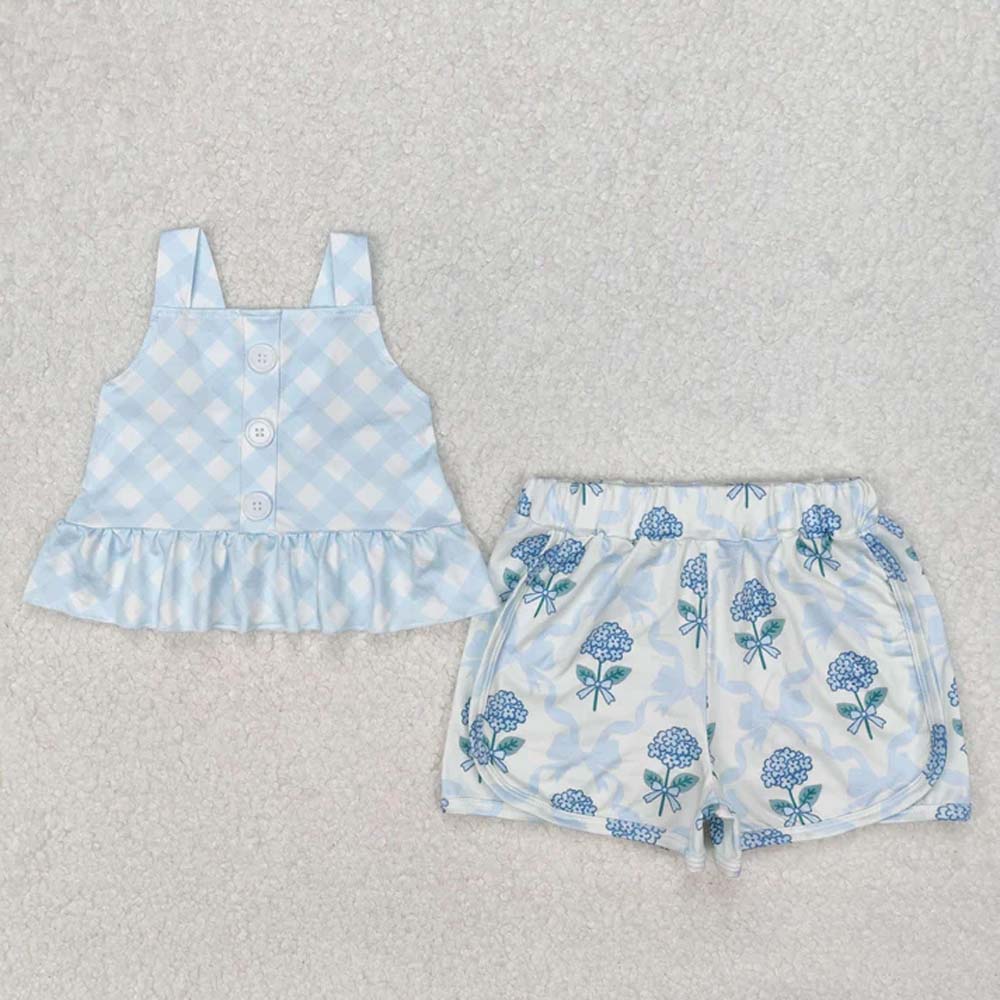 Sibling Baby Girls Summer Straps Button Top Floral Shorts Clothes Sets D 6.27
