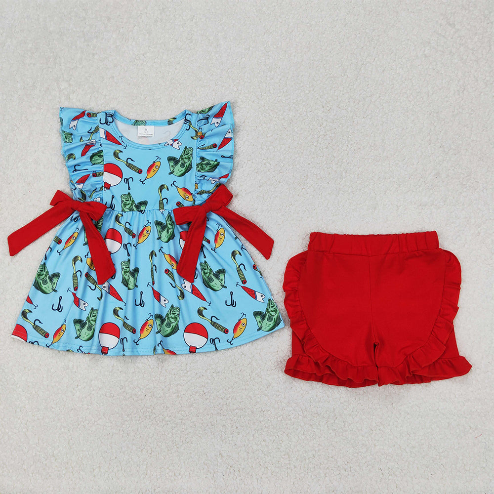 GSSO2097 Baby Girls Fishing Float Bows Tunic Top Ruffle Shorts Clothes Sets D 3.22