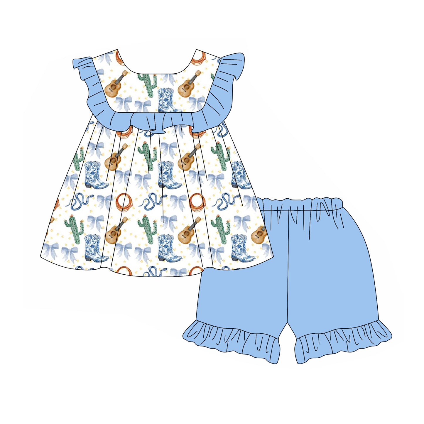 presale GSSO2143 Baby Girls Western Boots Cactus Top Ruffle Shorts Clothes Sets D 2.11
