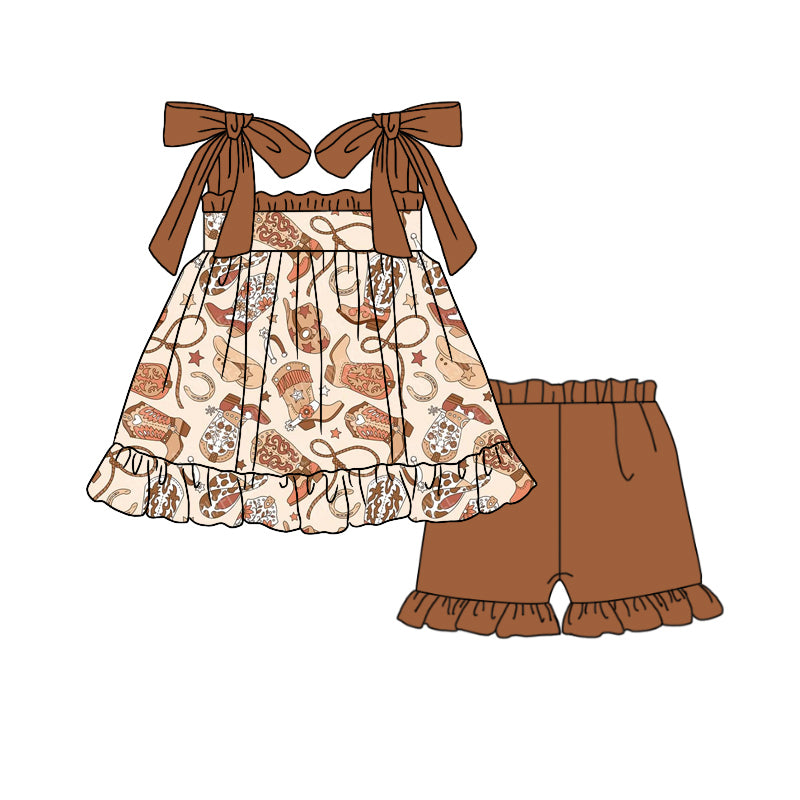 presale GSSO2144 Baby Girls Western Boots Tunic Top Ruffle Shorts Clothes Sets D 2.11