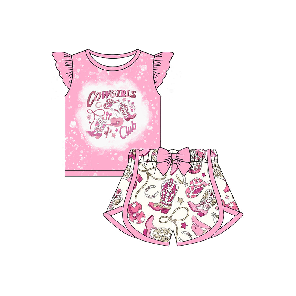 presale GSSO2145 Baby Girls Western Cowgirls Club Top Bow Shorts Clothes Set D 2.11