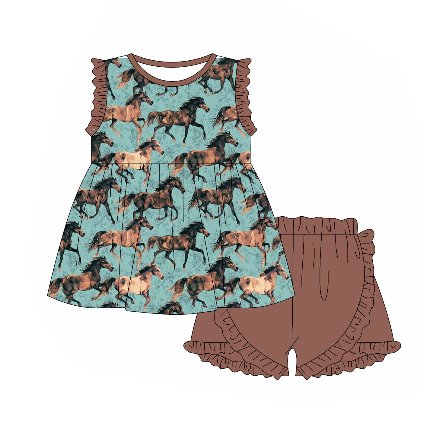 presale GSSO2146 Baby Girls Western Horses Tunic Top Ruffle Shorts Clothes Sets D 2.11