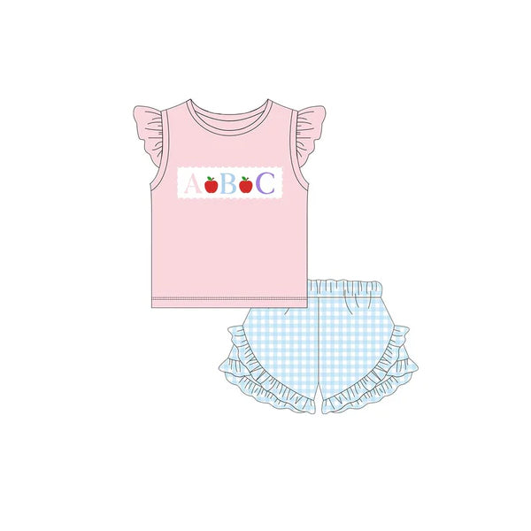 presale GSSO2178 Back to School ABC Apple Lace Pink Fly Sleeve Blue Shorts Set D 2.13