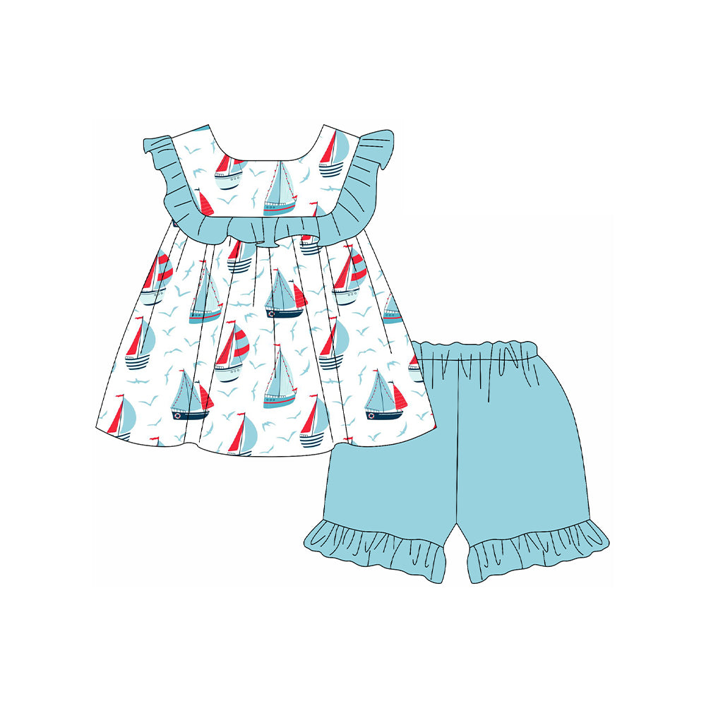 presale GSSO2190 Baby Girls Sailboat Ruffle Tunic Top Shorts Clothes Sets D 2.14