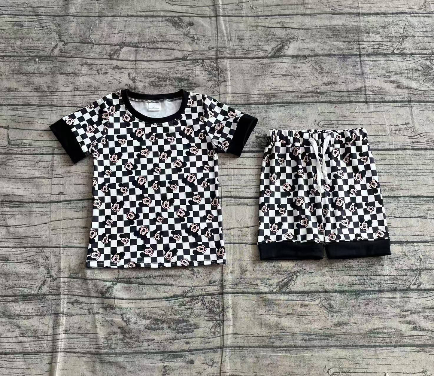GSSO2233 Baby Girls Black Checkered Mouse Top Tee Shorts Clothes Sets D 814 24