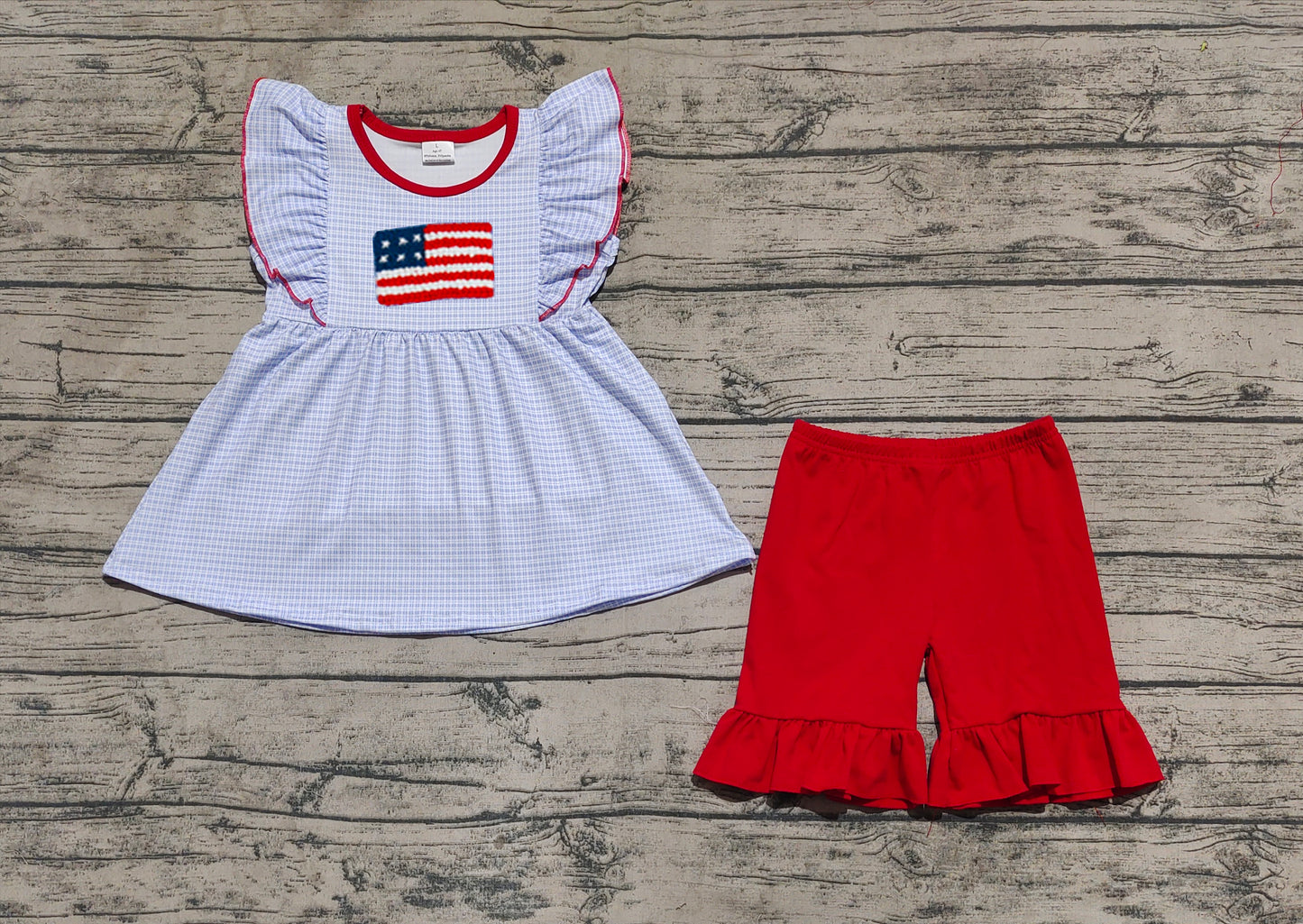 GSSO2238 Baby Girls Blue Checkered Flag Tunic Top Ruffle Shorts Clothes Sets D 4.11