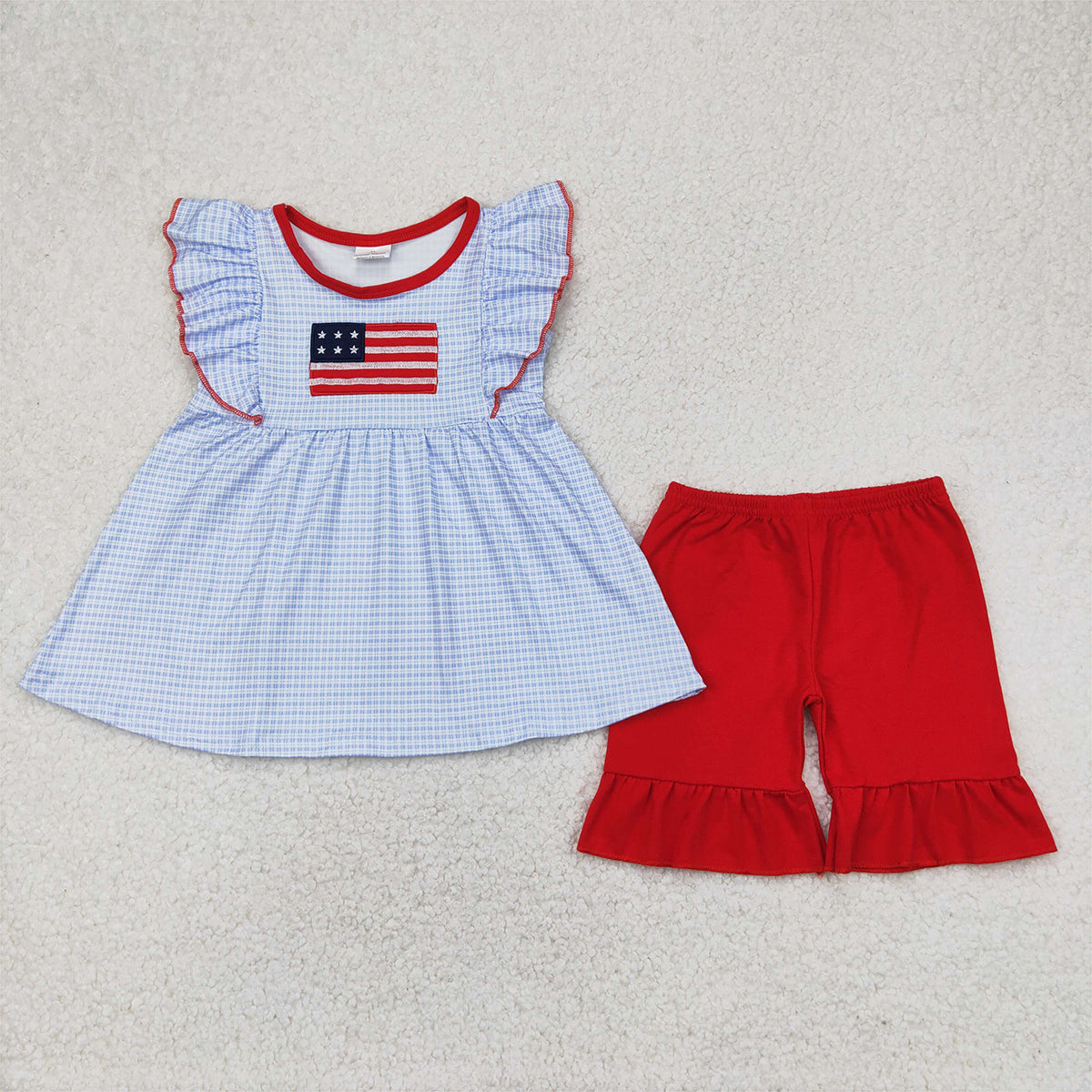 GSSO2238 Baby Girls Blue Checkered Flag Tunic Top Ruffle Shorts Clothes Sets D 4.11