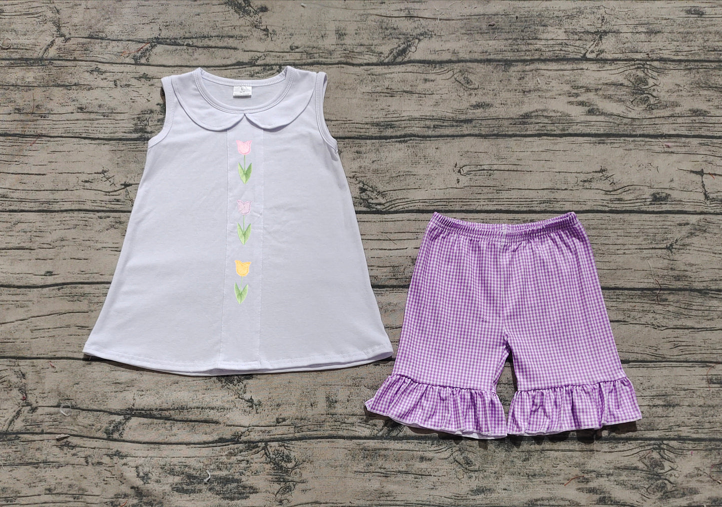 GSSO2276 Flowers White Top Purple Plaid Shorts Girls Summer Clothes Set D 5.6