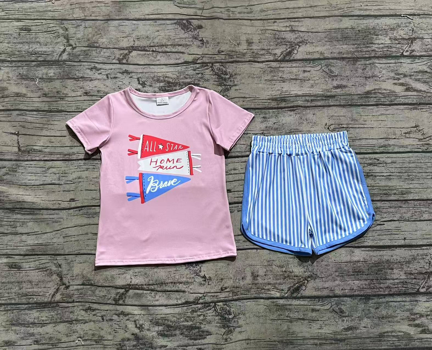 GSSO2288 Baby Girls Flag Pink Short Sleeve Tee Tops Stripes Shorts Clothes Set D 4.1