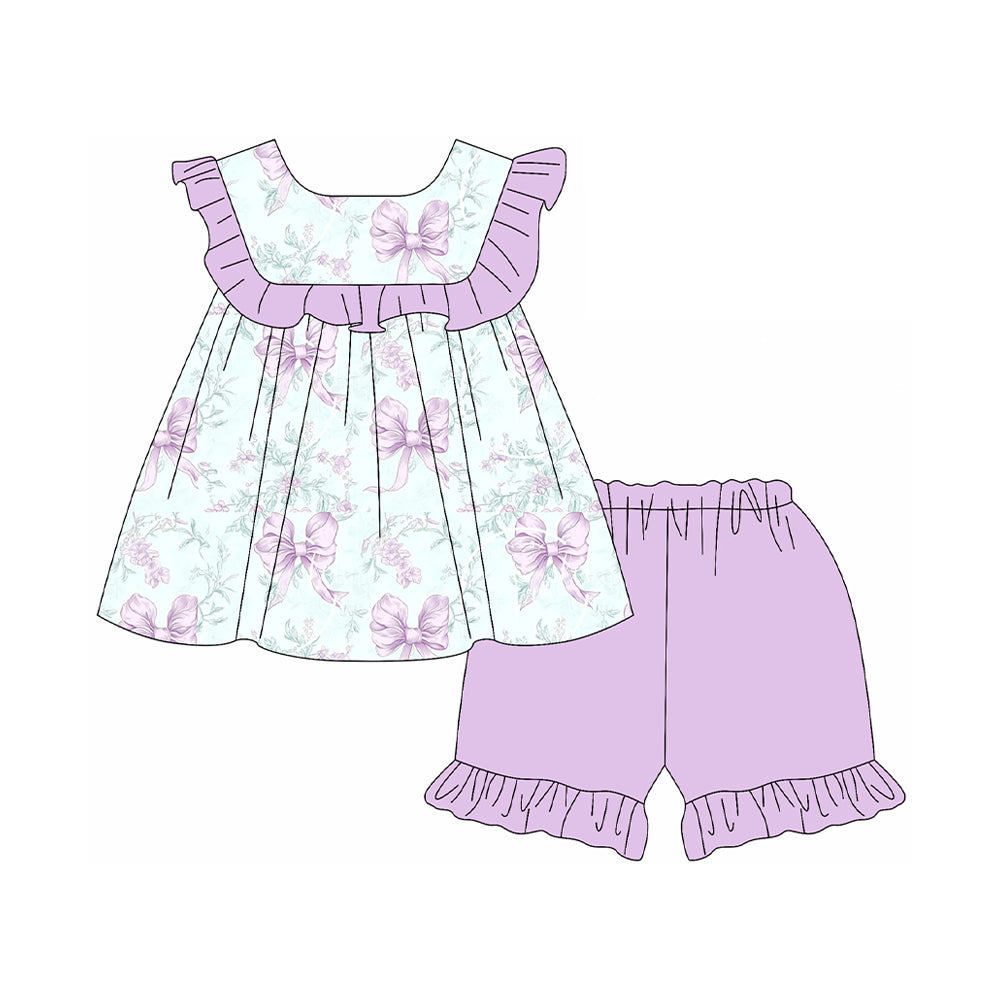 GSSO2315 Baby Girls Purple Flowers Flutter Sleeve Tunic Ruffle Shorts Clothes Sets D 3.31