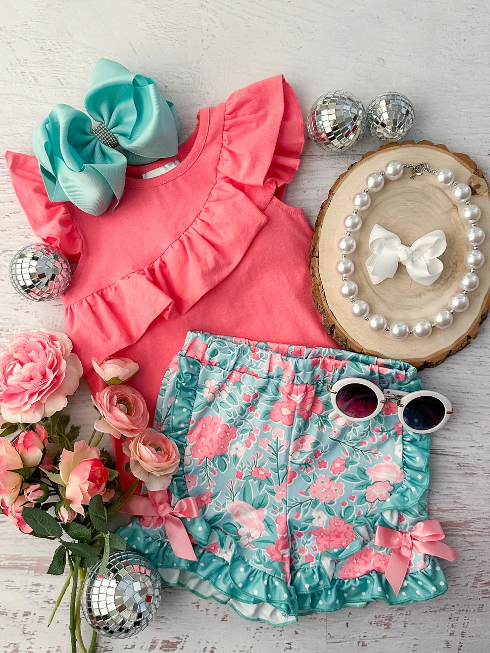 presale GSSO2316 Baby Girls Pink Shirts Ruffle Flowers Shorts Clothes Sets D 3.5