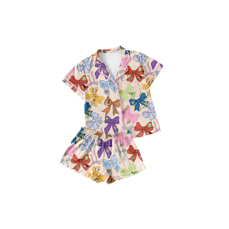 GSSO2321 Baby Girls Pink Cartoon Princess Bows Button Pocket Top Short Pajamas Set D 4.19