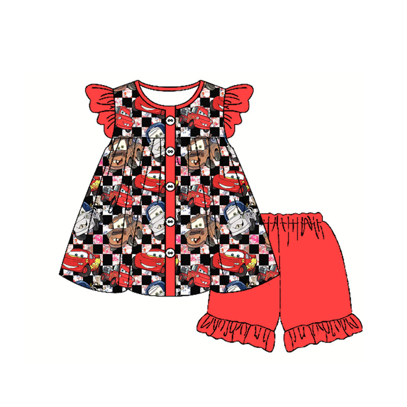 presale GSSO2329 Baby Girls Peach Flutter Sleeves Black Plaid Button Cartoon Cars Tunic Ruffle Short D 3.4