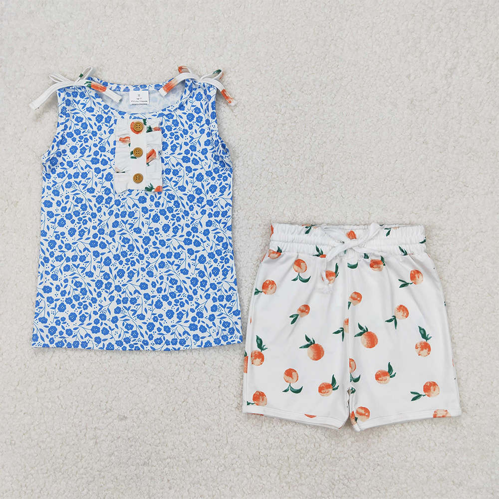 GSSO2355 Baby Girls Blue Sleeveless Floral Button Top Peach Shorts Set D 3.26