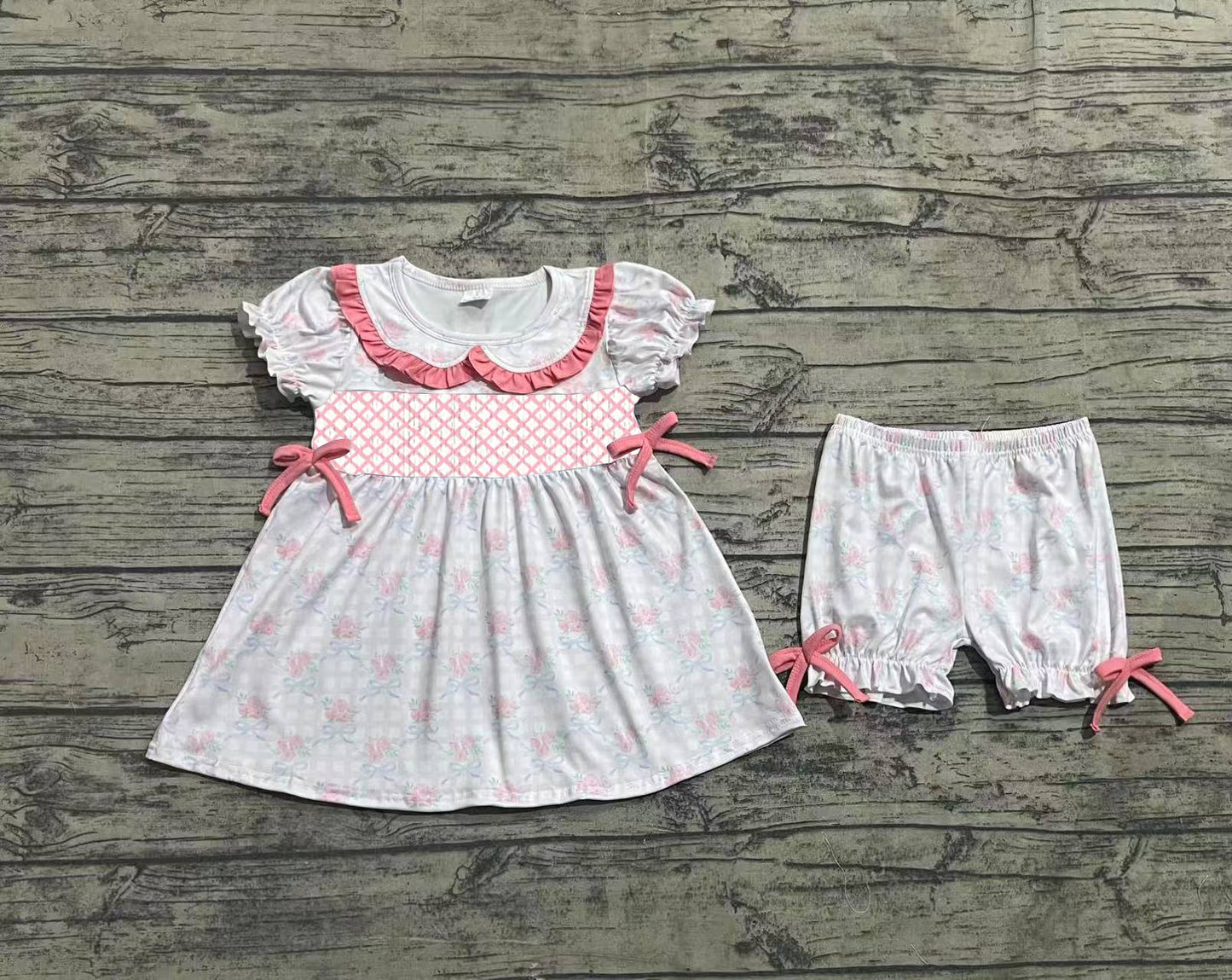 GSSO2368 Baby Girls Pink Short Ruffle Sleeves Floral Bows Tunic Ruffle Short Clothes Set D 5.6
