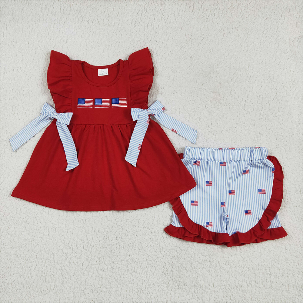 GSSO2375 Embroidery Baby Girls Red Flags Bows Tunic Stripe Ruffle Short 4th Of July outfit