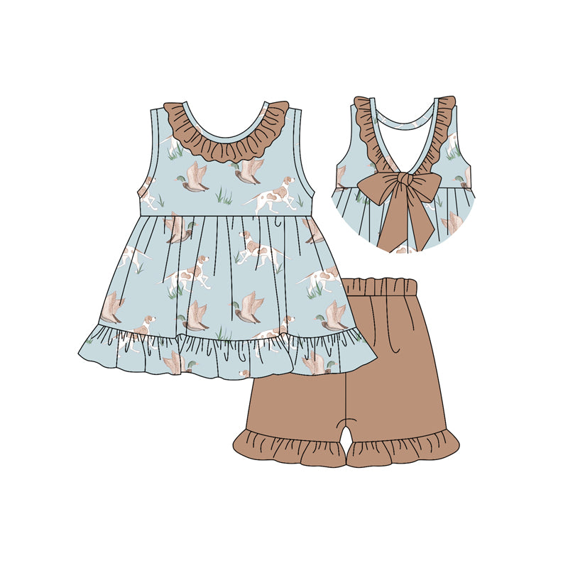 GSSO2385 Baby Girls Sleeveless Dogs Ducks Tunic Khaki Ruffle Short Set D 3.31
