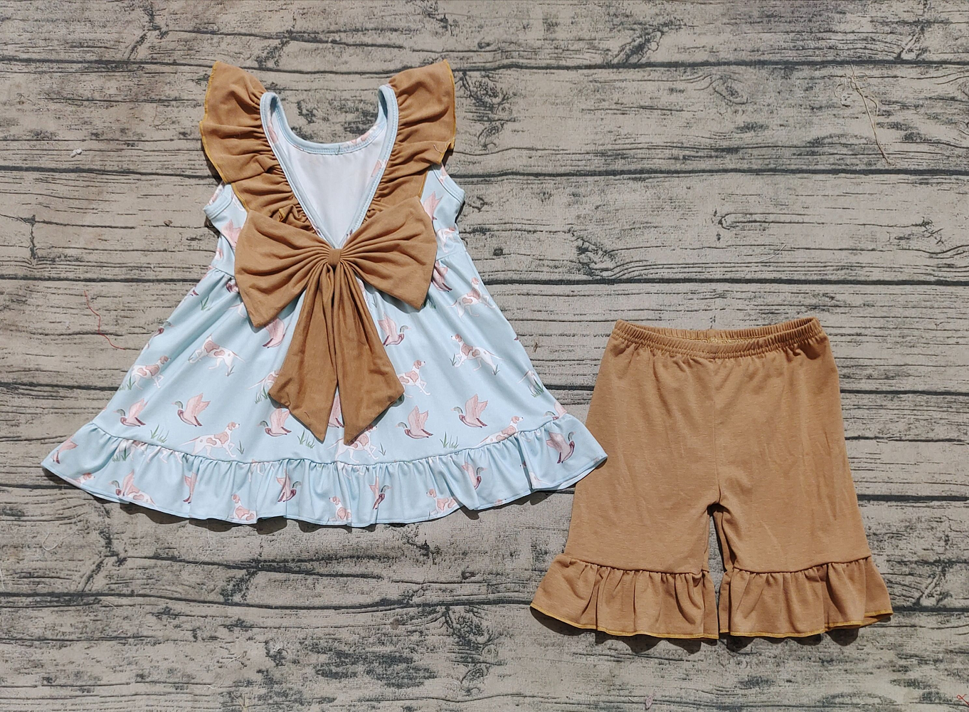 GSSO2385 Baby Girls Sleeveless Dogs Ducks Tunic Khaki Ruffle Shorts Set D 816