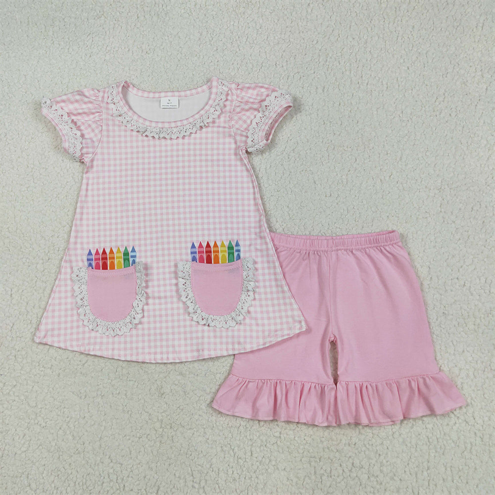 GSSO2388 Baby Girls Pink Plaid Pencils Pockets Tunic Ruffle Short Set D 5.22
