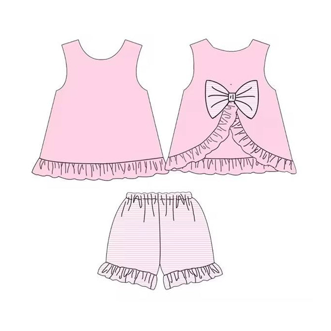 preorder GSSO2397 Baby Girls Pink Sleeveless Bows Tunic Stripe Ruffle Short Set D 3.11