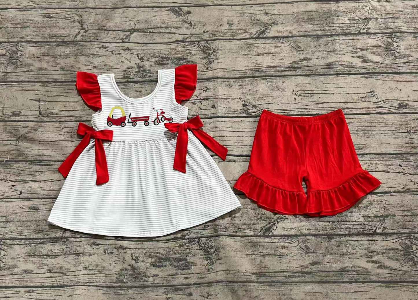 GSSO2404 Baby Girls Red Flutter Sleeves Trucks Bows Tunic Red Ruffle Short Set D 814 19
