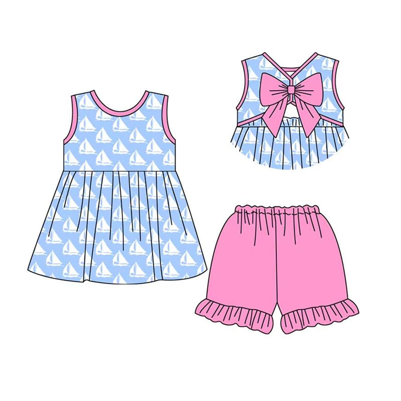 preorder GSSO2405 Baby Girls Blue Sleeveless Boats Backless Bow Tunic Pink Ruffle Short Set D 3.11