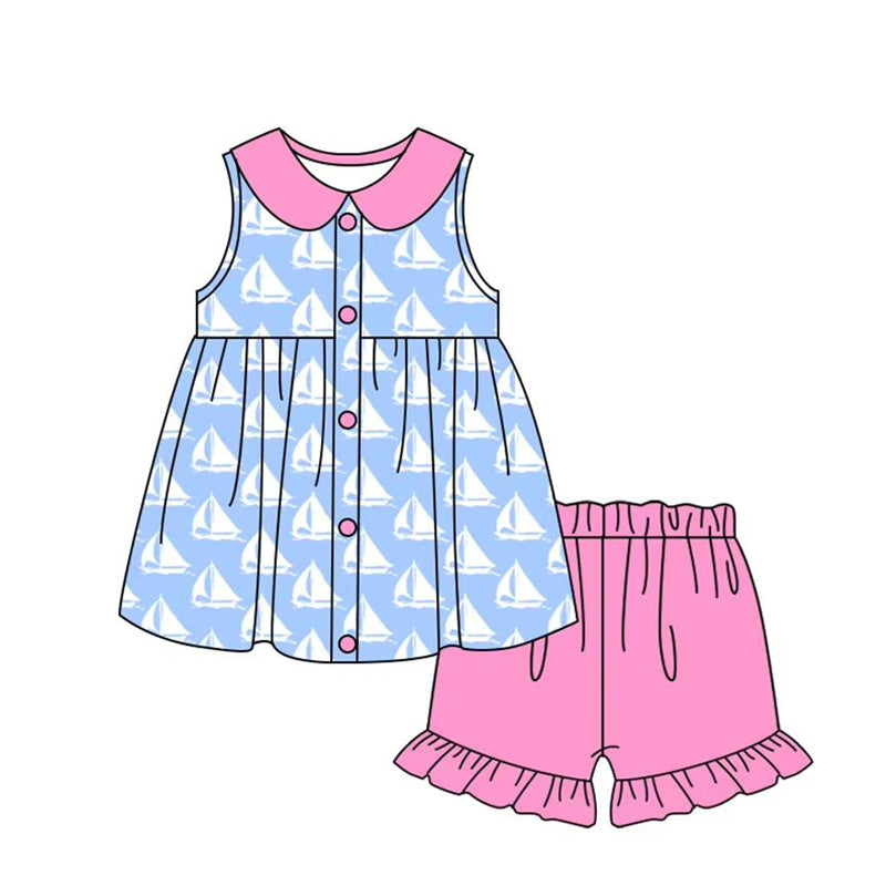 preorder GSSO2406 Baby Girls Blue Sleeveless Boats Button Tunic Pink Ruffle Short Set D 3.11