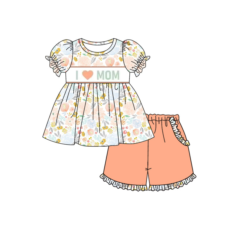 GSSO2408 Baby Girls Short Ruffle Sleeves I LOVE MOM Floral Tunic Orange Ruffle Pockets Short Set D 3.31