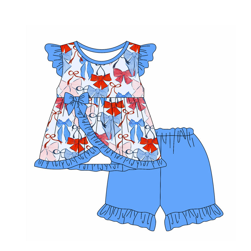 preorder GSSO2409 Baby Girls Flutter Sleeves Blue Red Bows Tunic Ruffle Short 4th Of July Set D 3.11