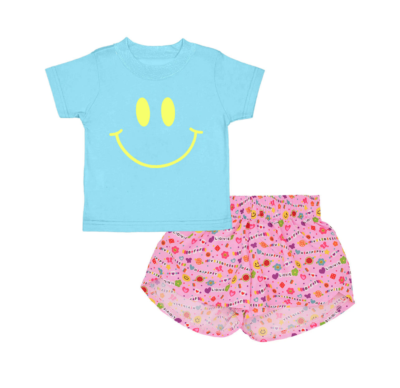 preorder GSSO2411 Baby Girls Blue Short Sleeves Smile Top Pink Floral Short Set D 3.11
