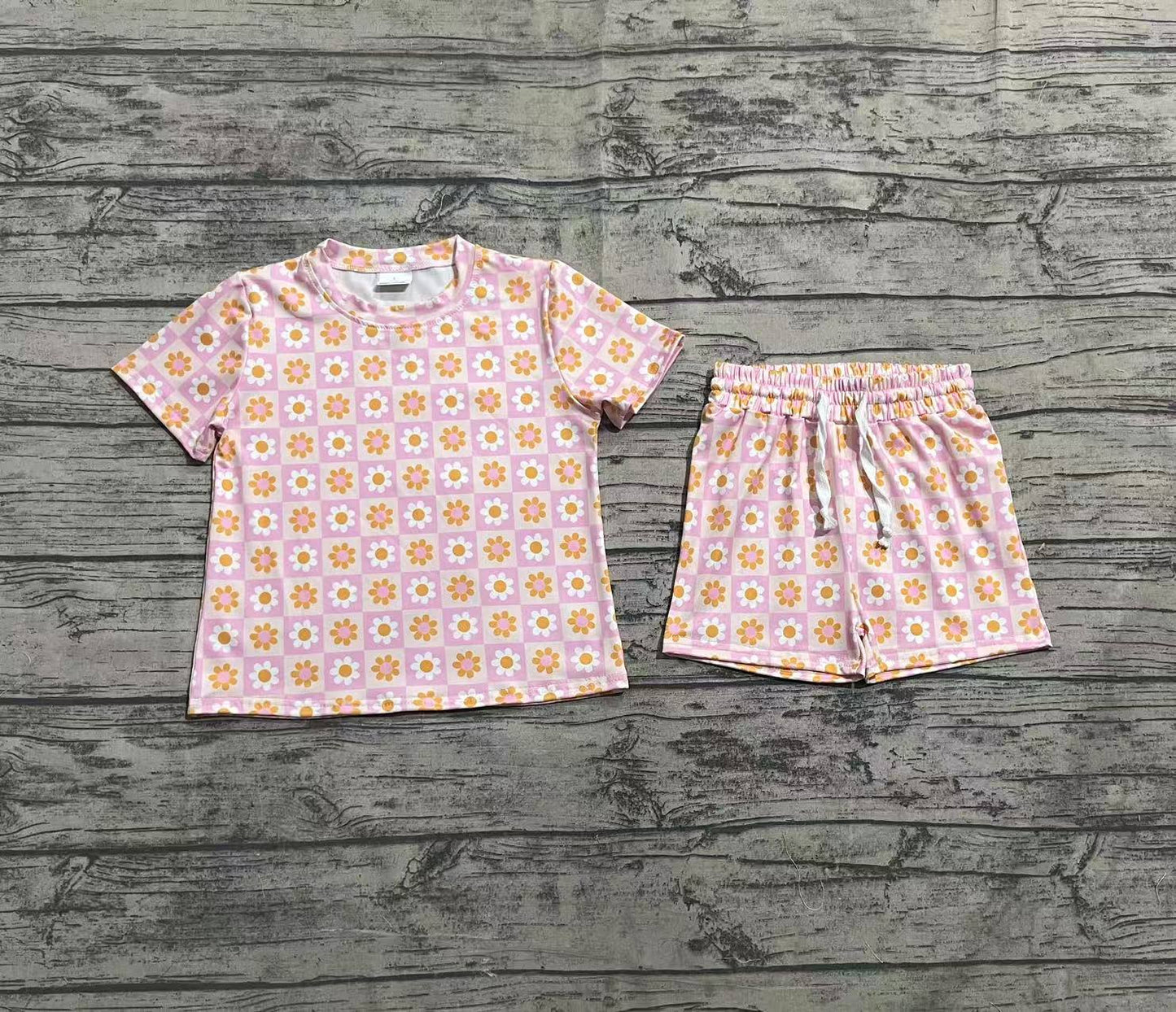 GSSO2425 Baby Girls Pink Plaid Short Sleeves Daisy Flowers Top Short Pajamas Set D 4.7