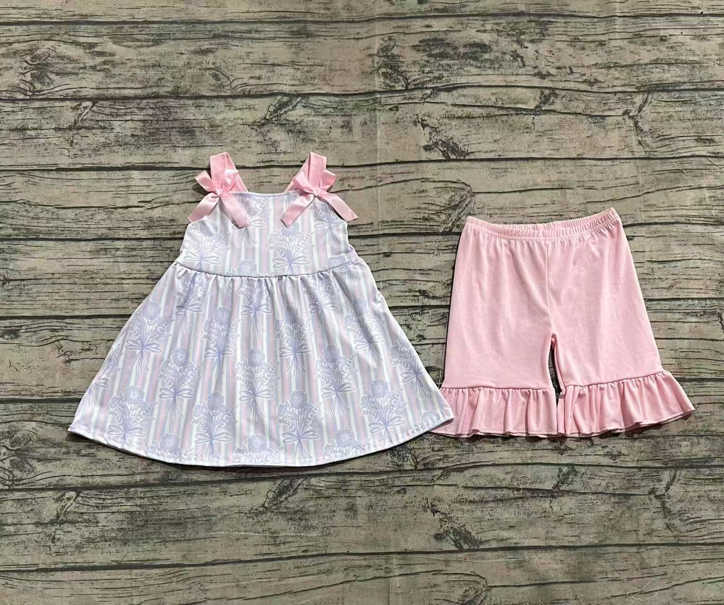GSSO2429 Baby Girls Pink Strap Floral Stripe Tunic Ruffle Shorts Sets D 816