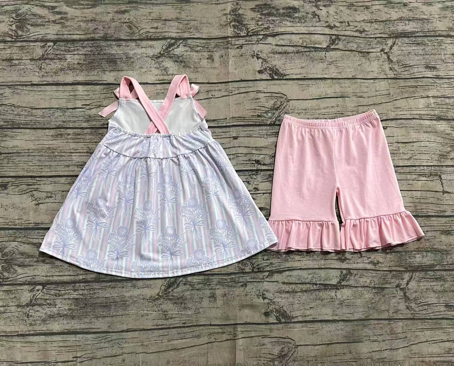 GSSO2429 Baby Girls Pink Strap Floral Stripe Tunic Ruffle Shorts Sets D 816