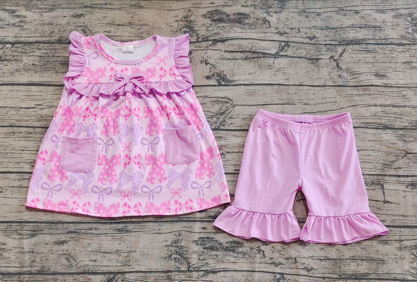 GSSO2462 Baby Girls Lavender Bows Pockets Tunic Ruffle Short Set D 816